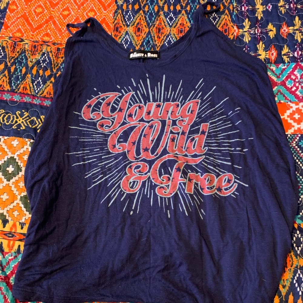Navy blue, “young, wild & free” lose tank top.